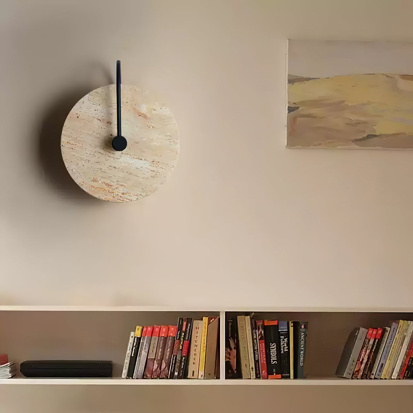 Round Travertine Wall Lamp with Black Arm for Indoor Use