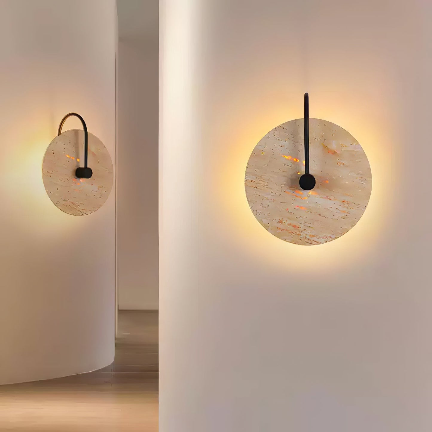 Round Travertine Wall Lamp with Black Arm for Indoor Use