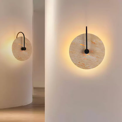 Round Travertine Wall Lamp with Black Arm for Indoor Use