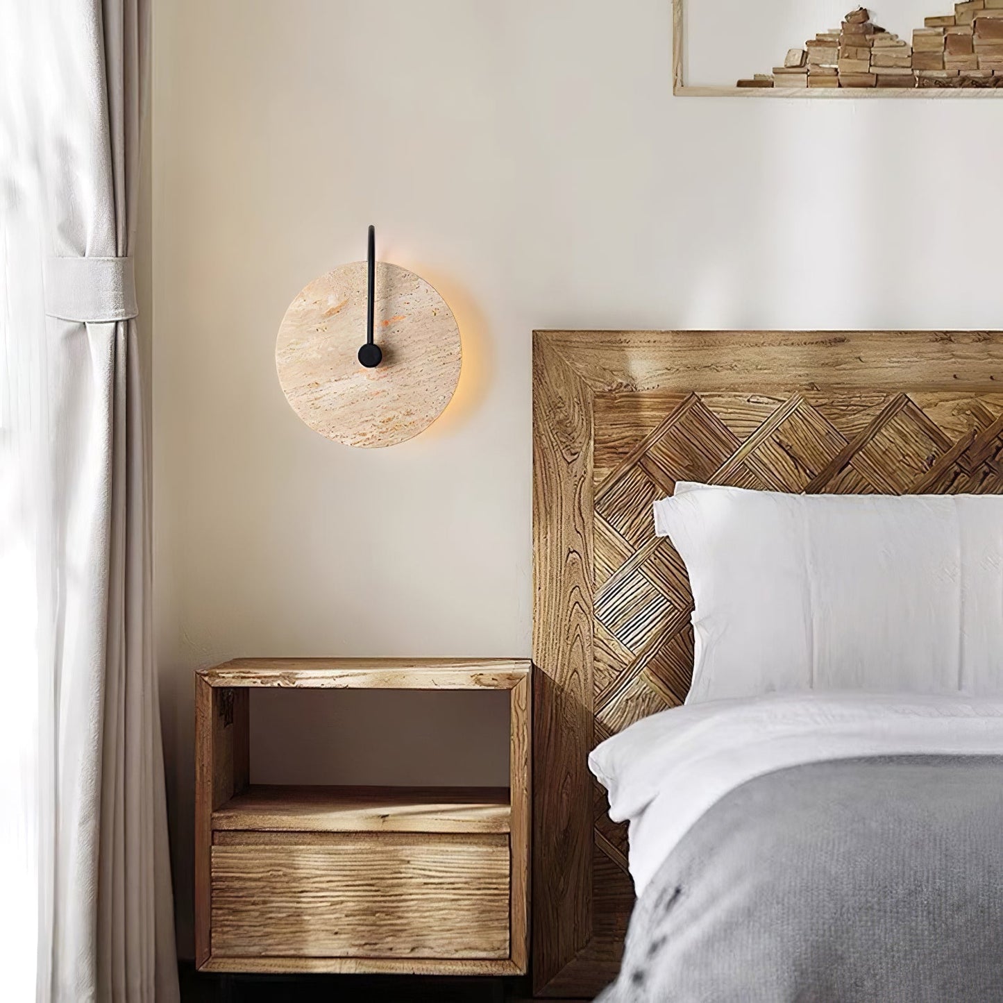 Round Travertine Wall Lamp with Black Arm for Indoor Use