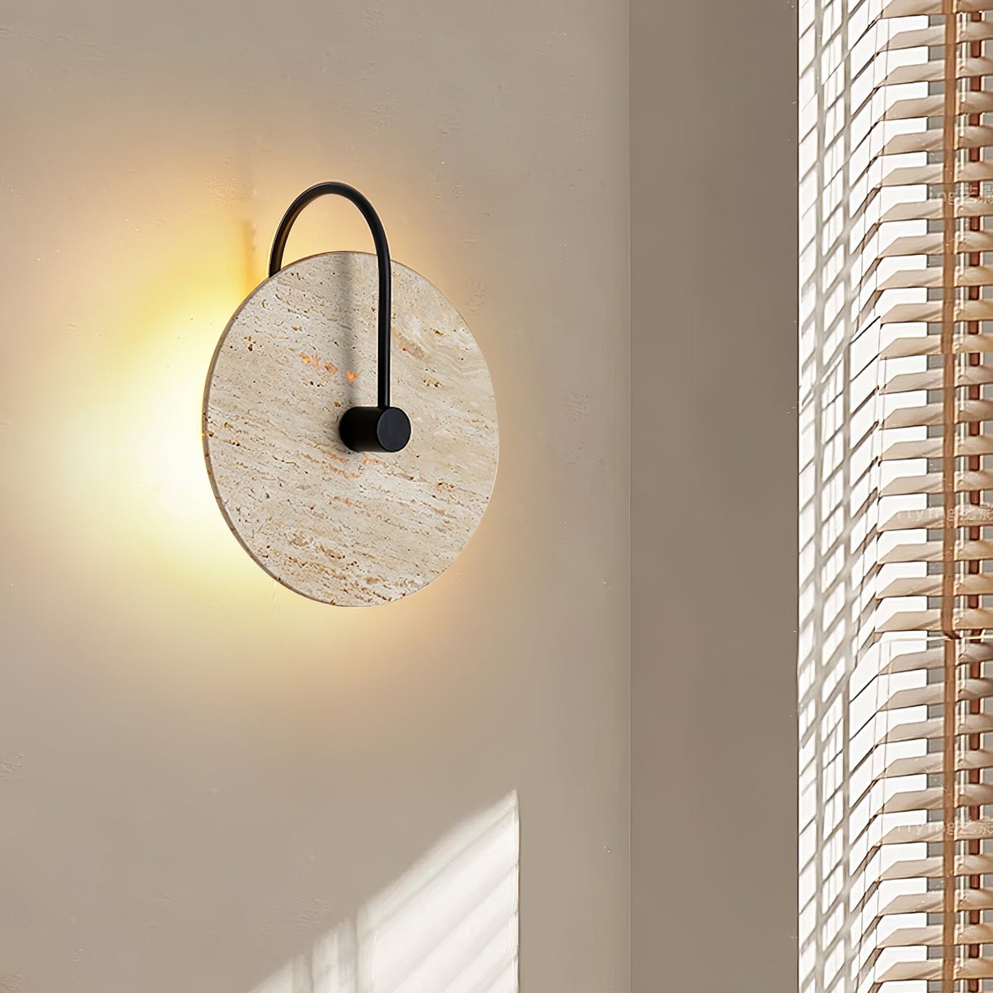 Round Travertine Wall Lamp with Black Arm for Indoor Use