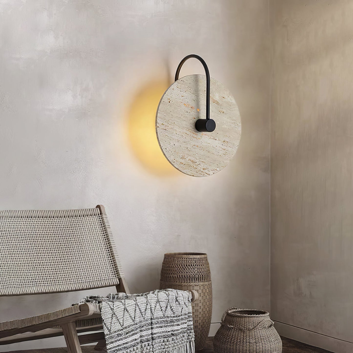 Round Travertine Wall Lamp with Black Arm for Indoor Use
