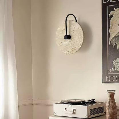 Round Travertine Wall Lamp with Black Arm for Indoor Use