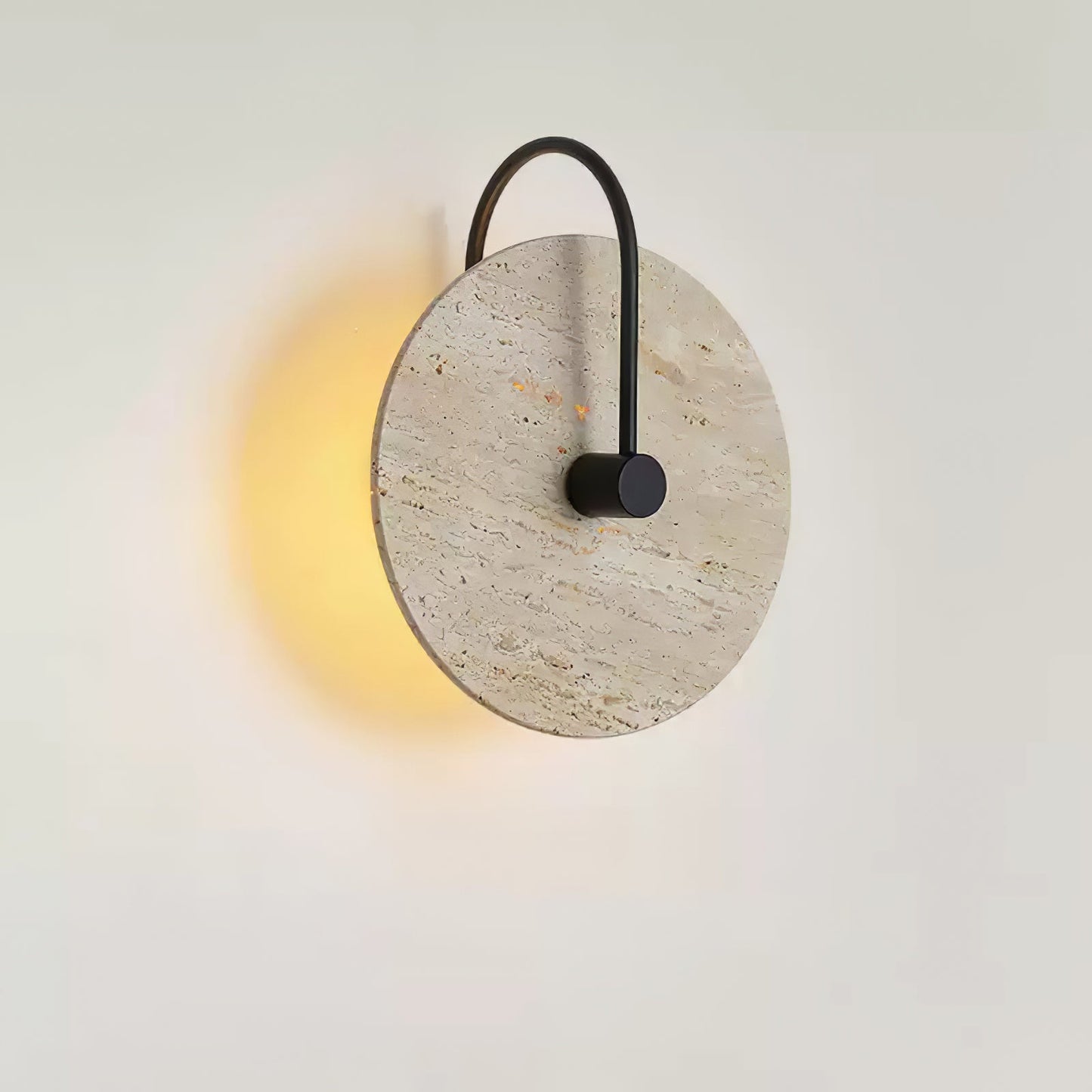 Round Travertine Wall Lamp with Black Arm for Indoor Use