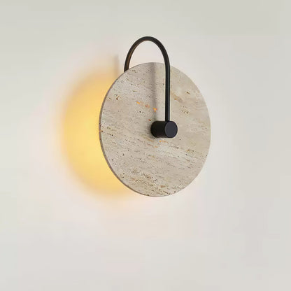 Round Travertine Wall Lamp with Black Arm for Indoor Use