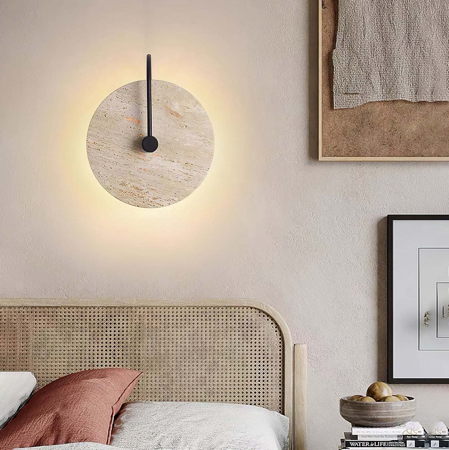 Round Travertine Wall Lamp with Black Arm for Indoor Use