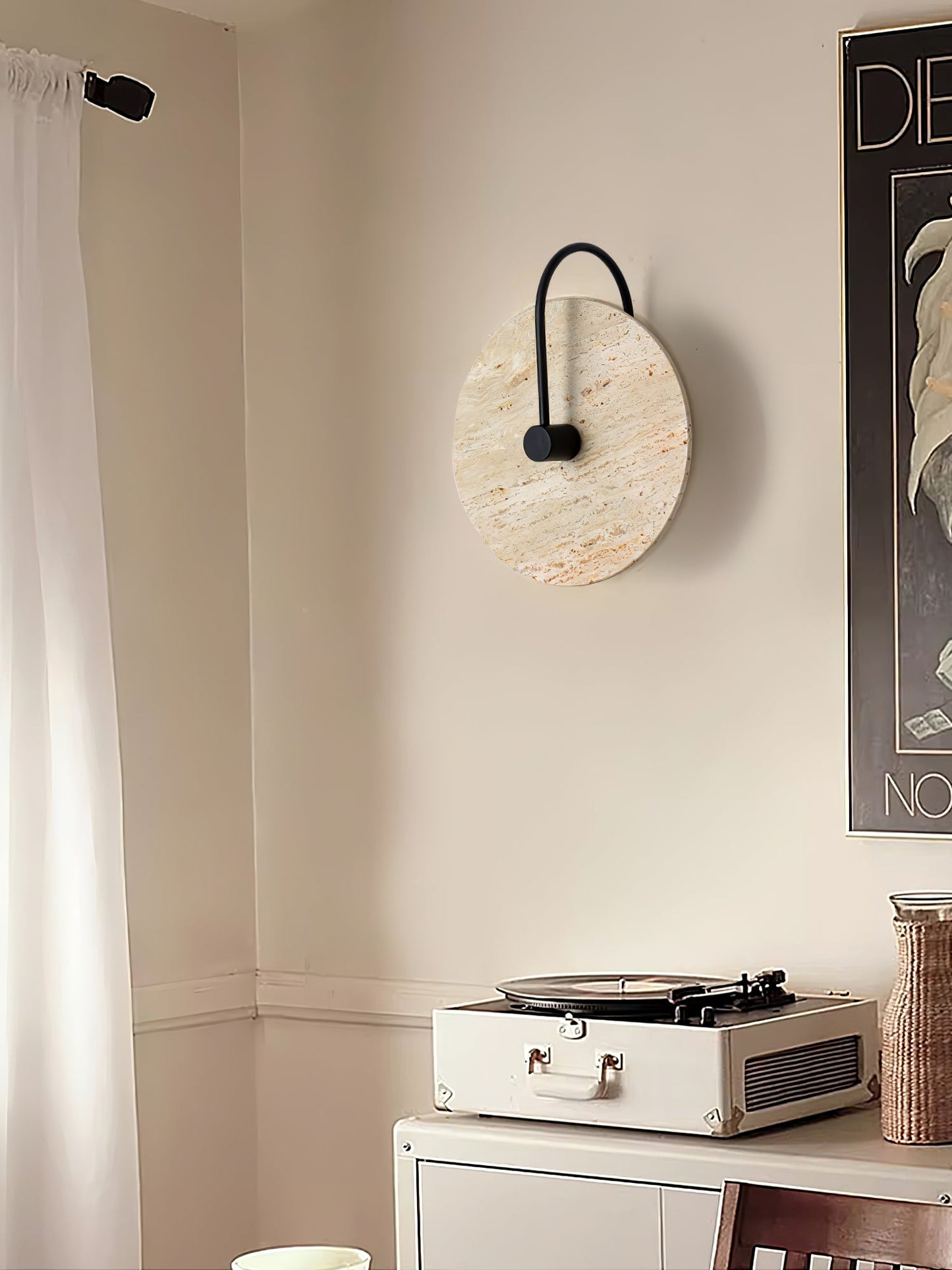 Round Travertine Wall Lamp with Black Arm for Indoor Use