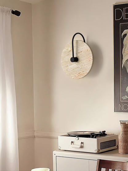 Round Travertine Wall Lamp with Black Arm for Indoor Use