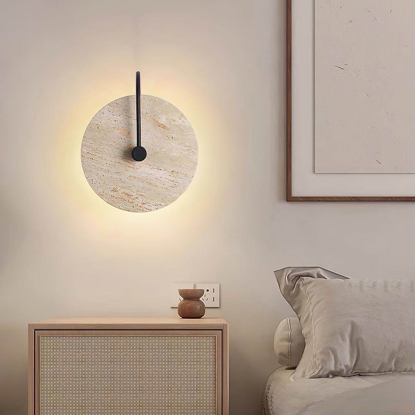 Round Travertine Wall Lamp with Black Arm for Indoor Use
