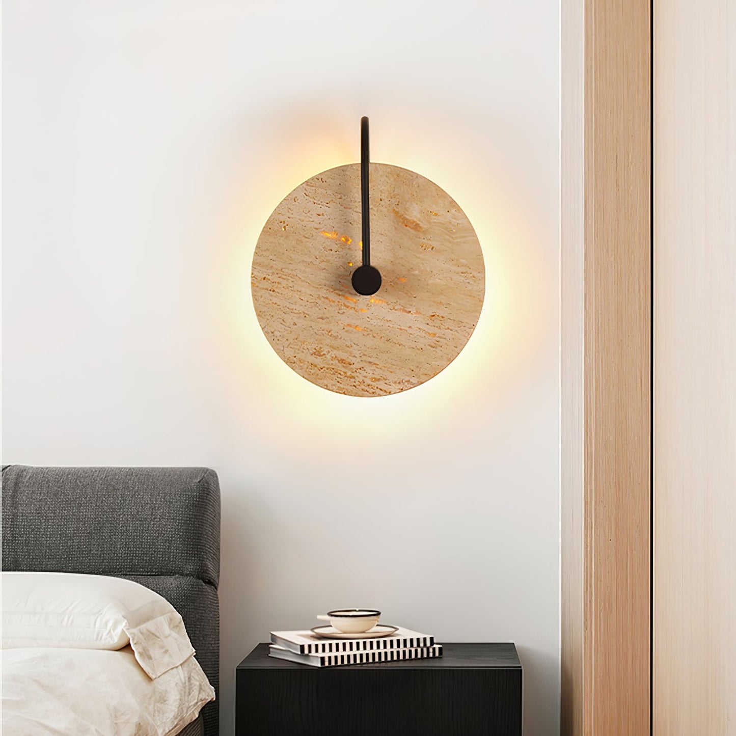 Round Travertine Wall Lamp with Black Arm for Indoor Use