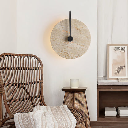 Round Travertine Wall Lamp with Black Arm for Indoor Use