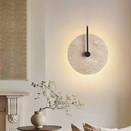 Round Travertine Wall Lamp with Black Arm for Indoor Use