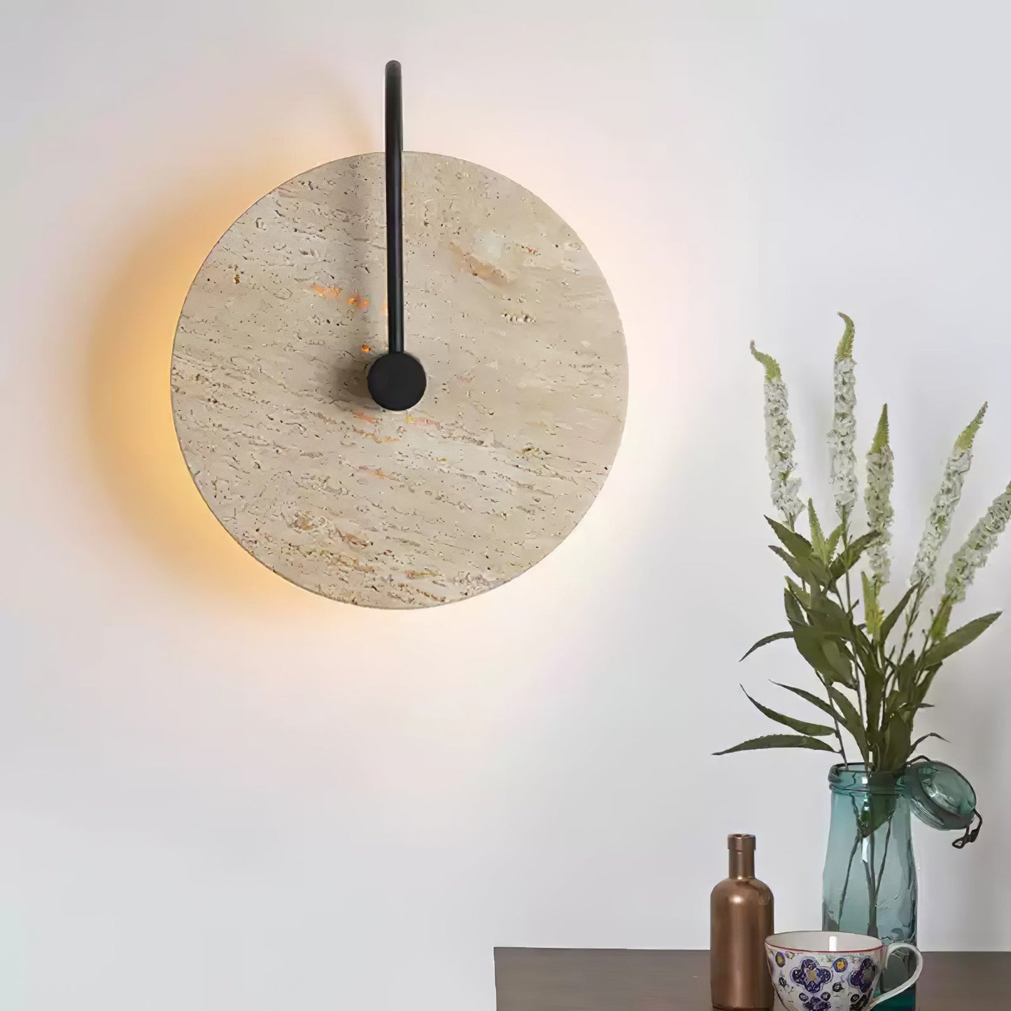 Round Travertine Wall Lamp with Black Arm for Indoor Use