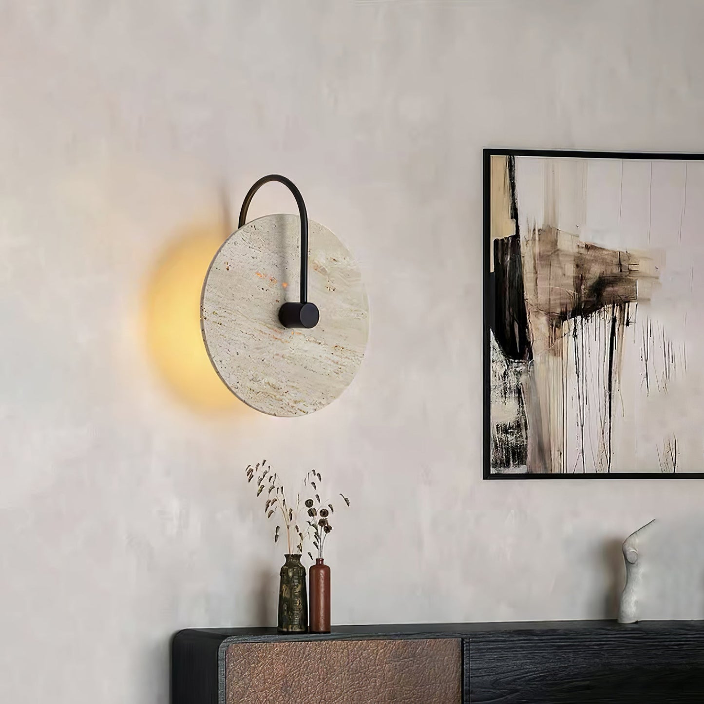 Round Travertine Wall Lamp with Black Arm for Indoor Use