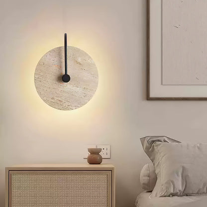 Round Travertine Wall Lamp with Black Arm for Indoor Use
