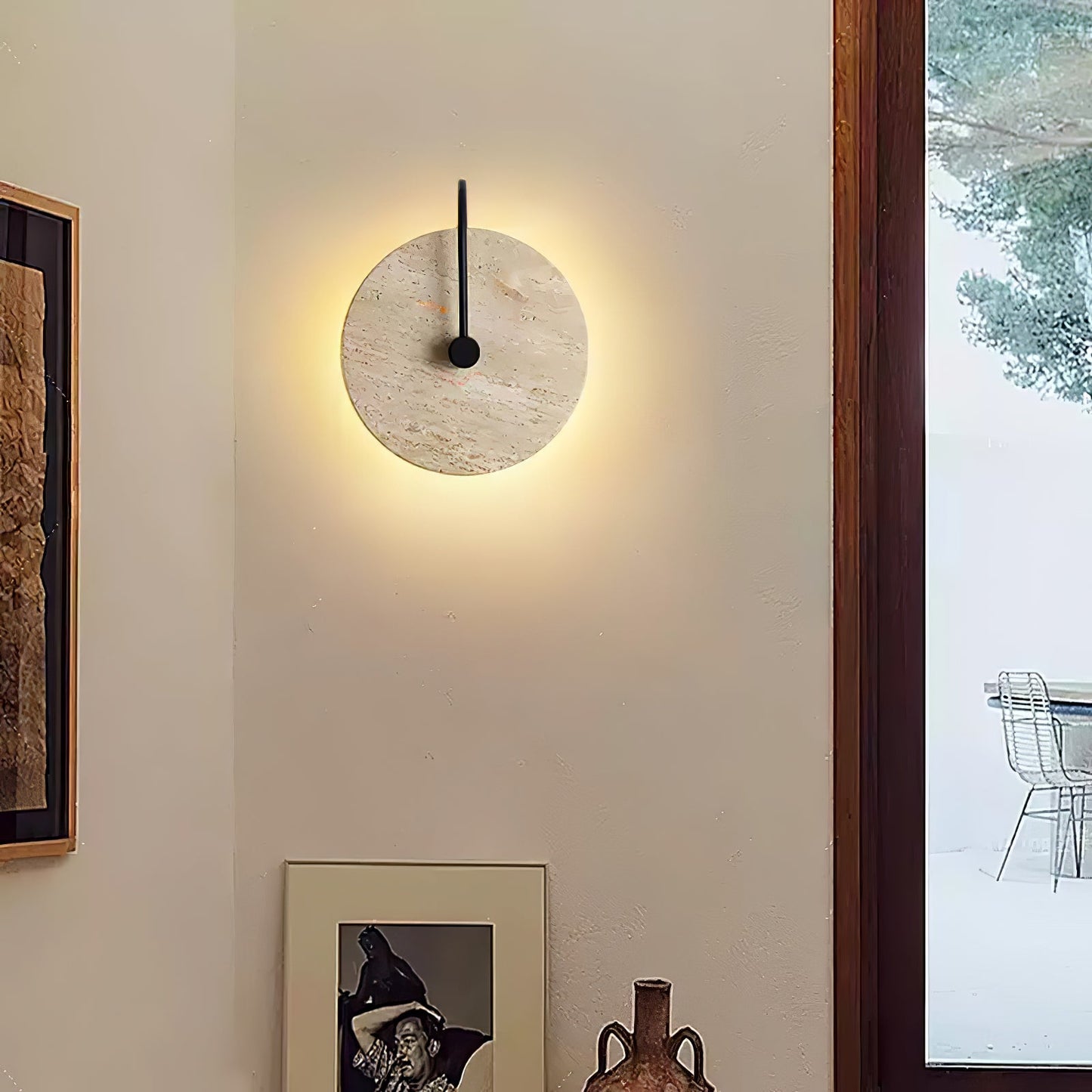 Round Travertine Wall Lamp with Black Arm for Indoor Use