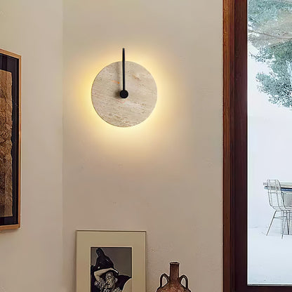 Round Travertine Wall Lamp with Black Arm for Indoor Use