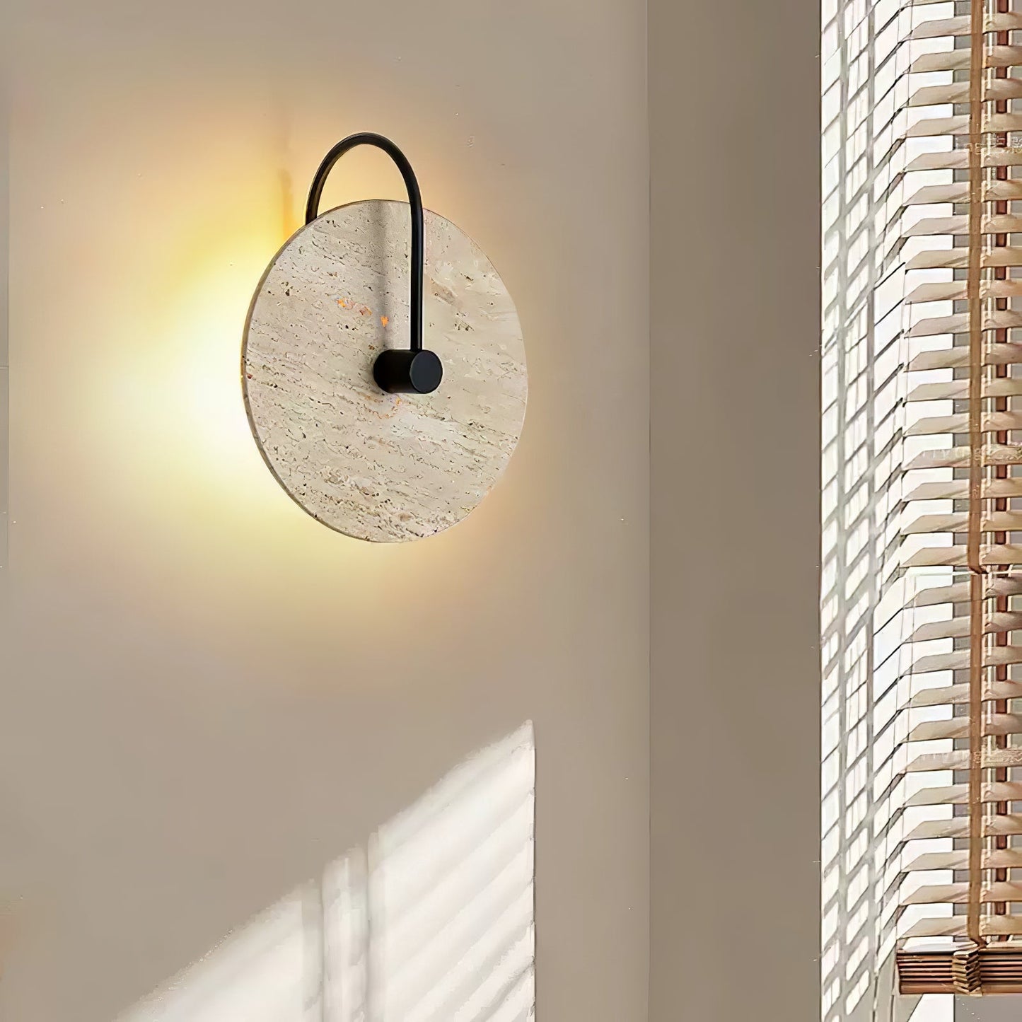 Round Travertine Wall Lamp with Black Arm for Indoor Use