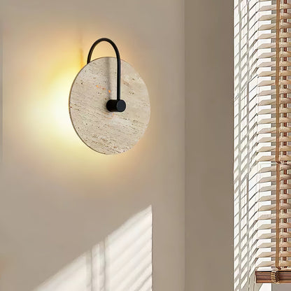 Round Travertine Wall Lamp with Black Arm for Indoor Use