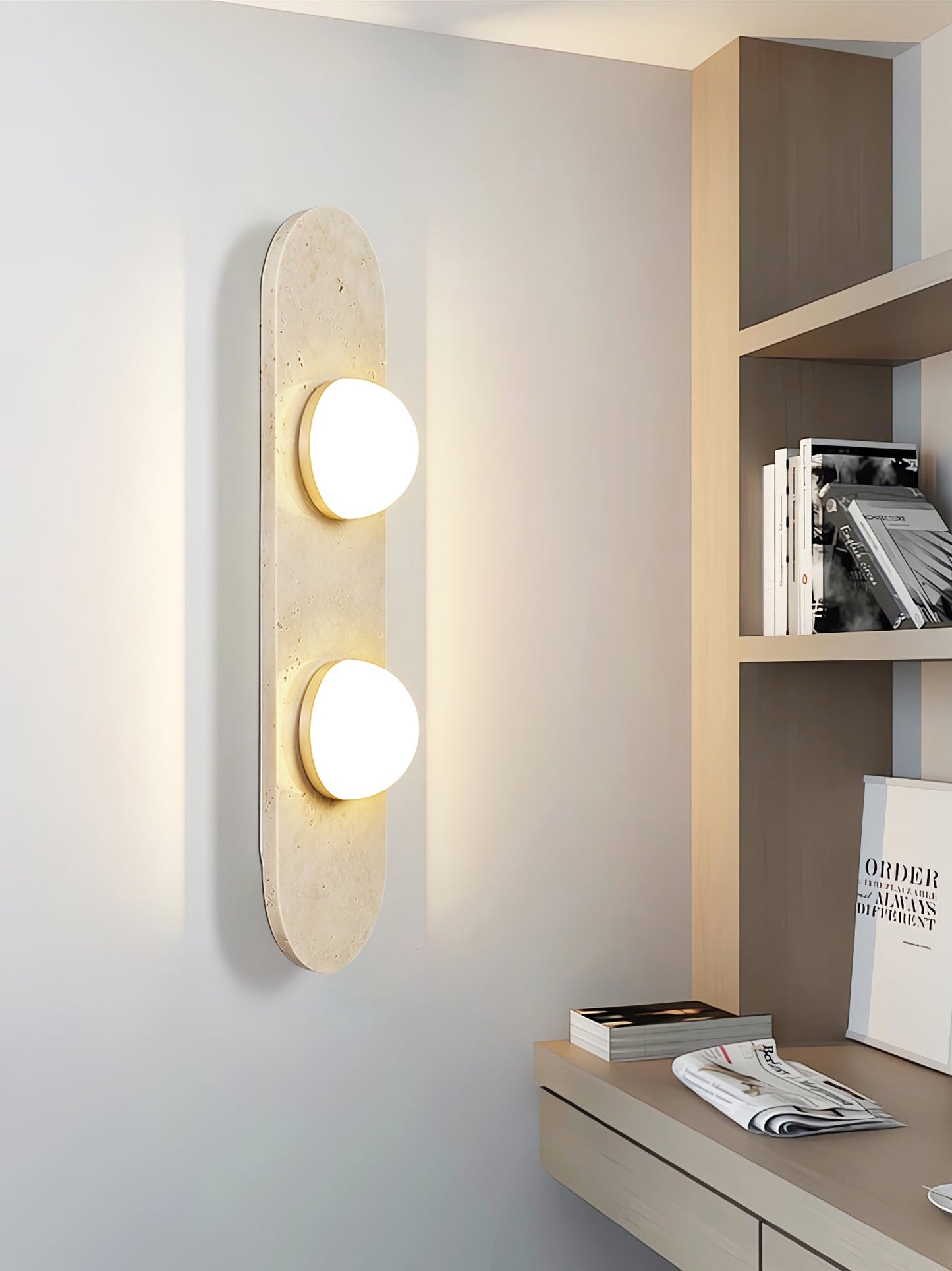 Rounded Travertine Wall Sconce with LED Glass Globes
