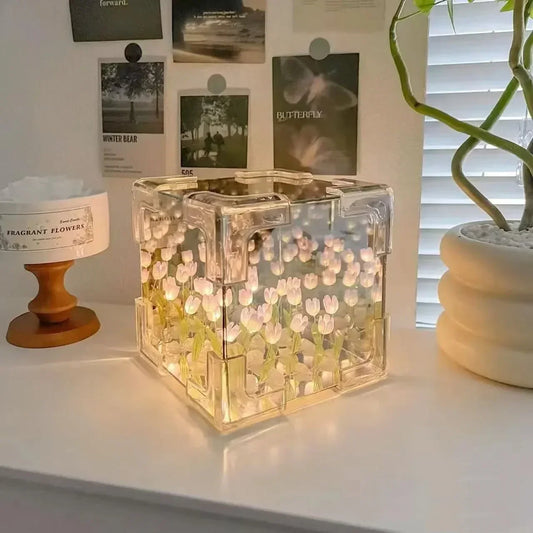 DIY Tulip Cube Mirror Lamp, 3D Night Light with LED