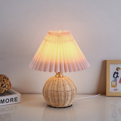 Contemporary Nordic Rattan Fabric Folded Cone Ball LED Table Lamp