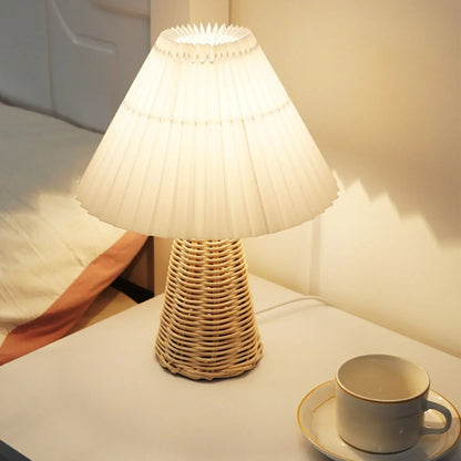 Puffed Table Lamp with Rattan Base | Vintage LED Night Light | Soft Warm Glow for Cozy Bedroom Decor - Morven