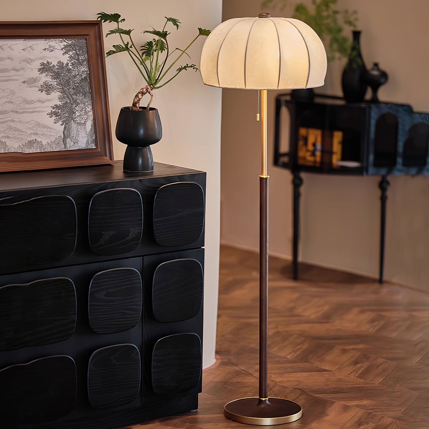 Scandicci Floor Lamp with Fabric Shade and Wooden Base