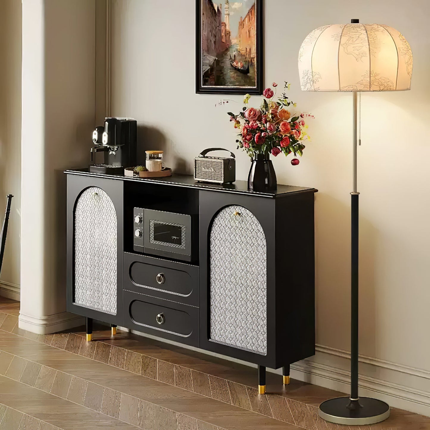 Scandicci Floor Lamp with Fabric Shade and Wooden Base