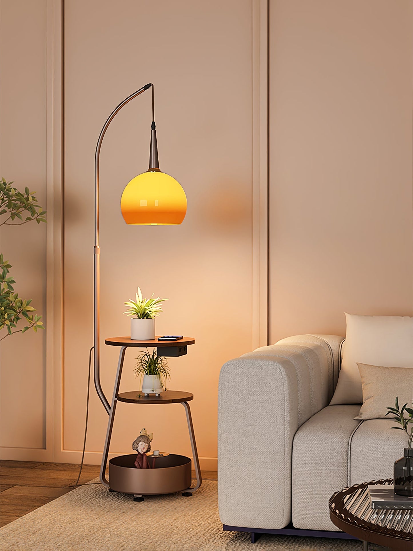 Solstice Arc Floor Lamp with Shelves and LED Light