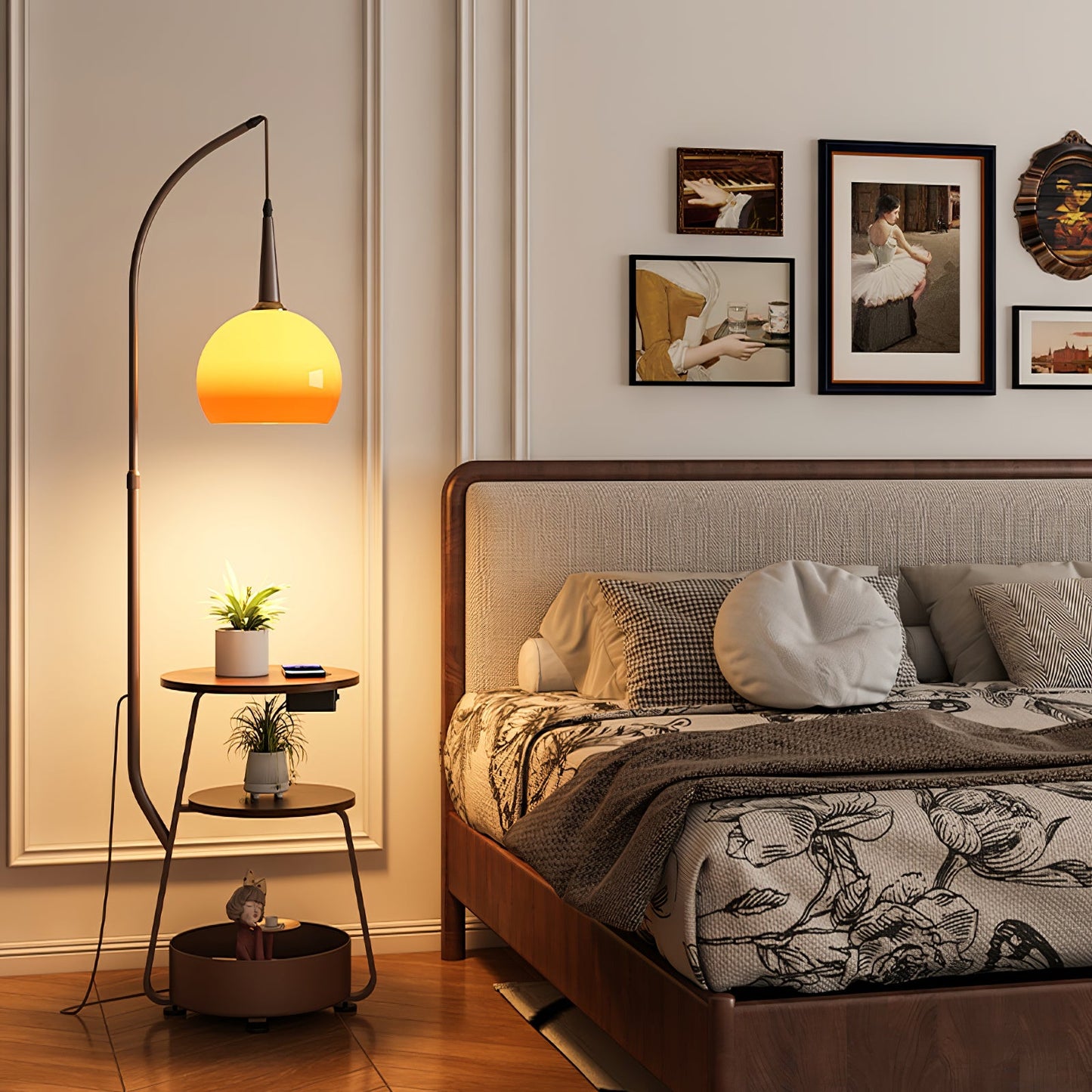 Solstice Arc Floor Lamp with Shelves and LED Light