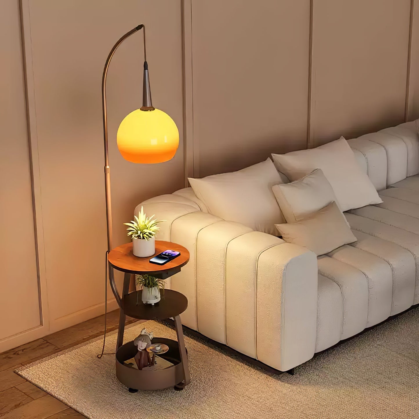 Solstice Arc Floor Lamp with Shelves and LED Light