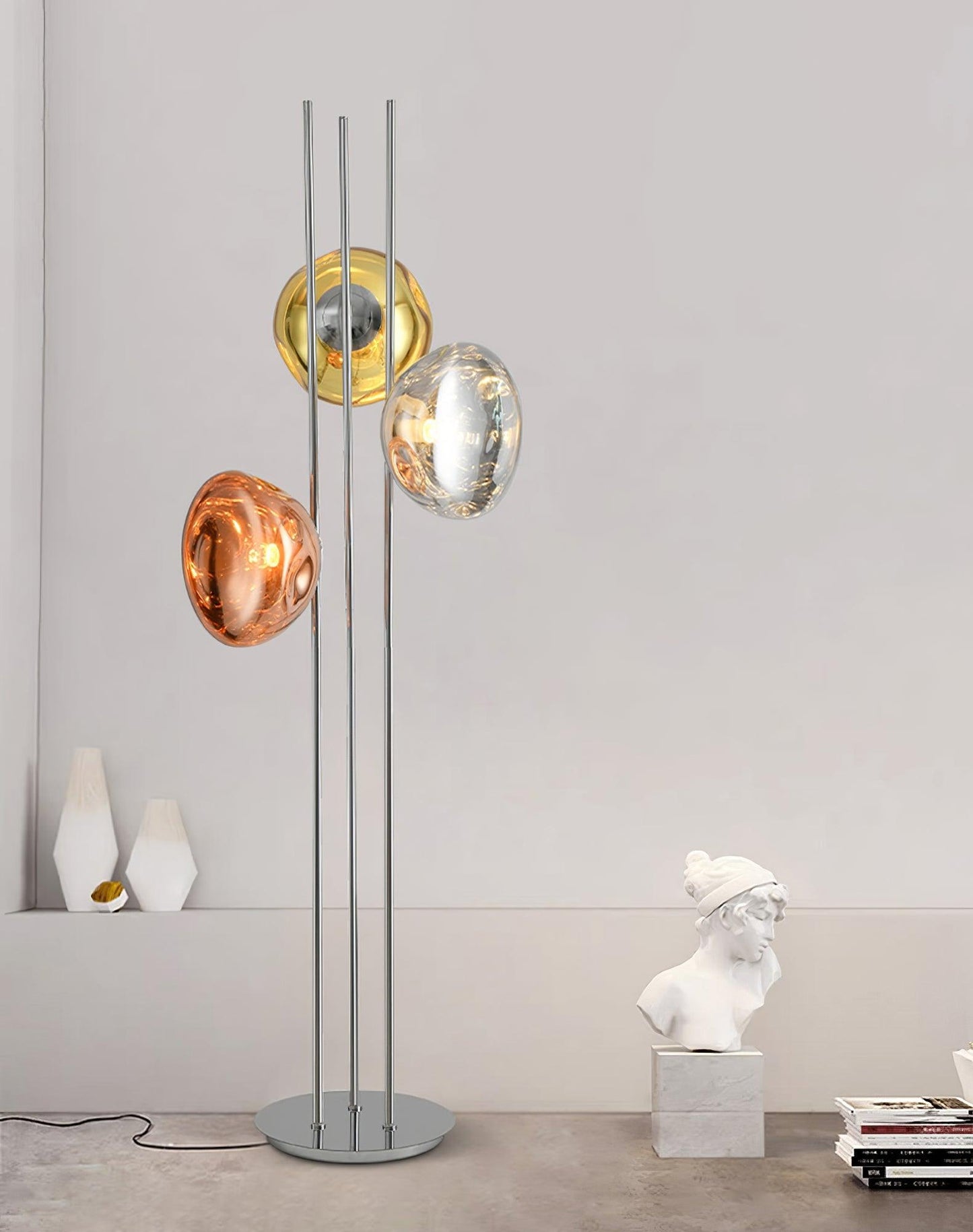 Three Lava Glass Floor Lamp with Chrome Frame and LED