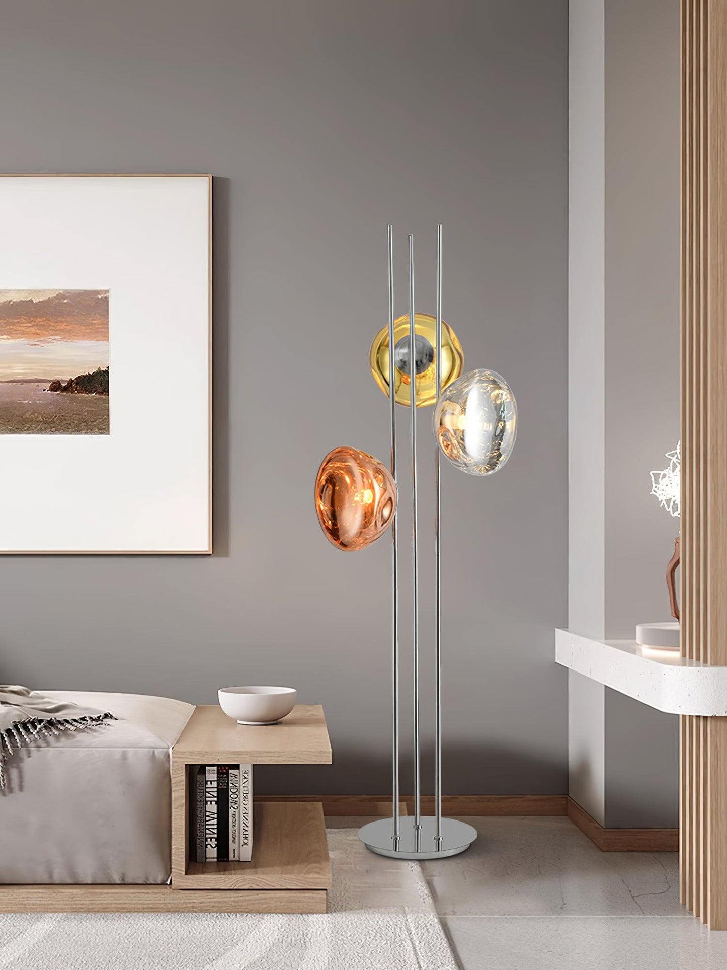 Three Lava Glass Floor Lamp with Chrome Frame and LED