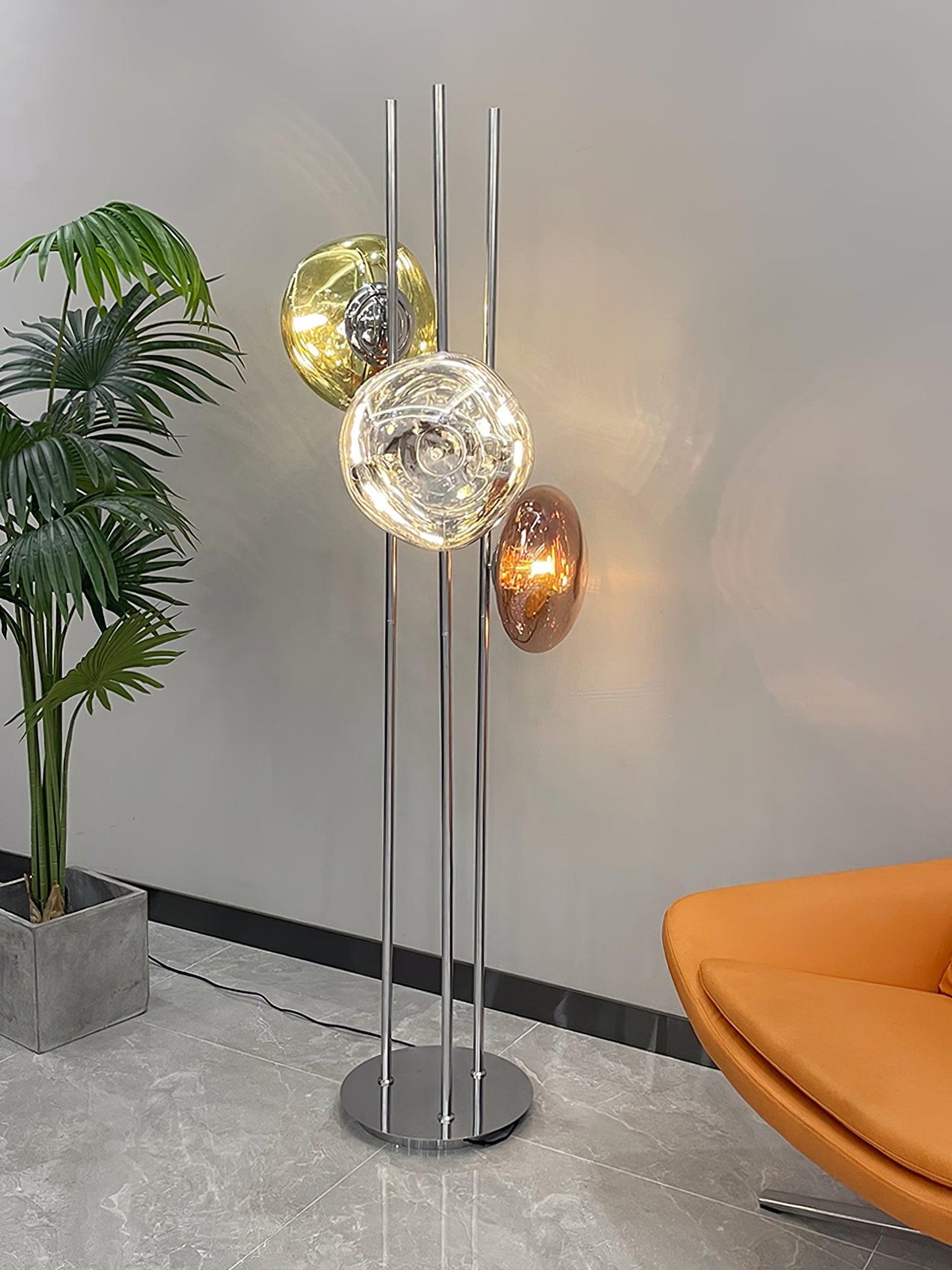 Three Lava Glass Floor Lamp with Chrome Frame and LED