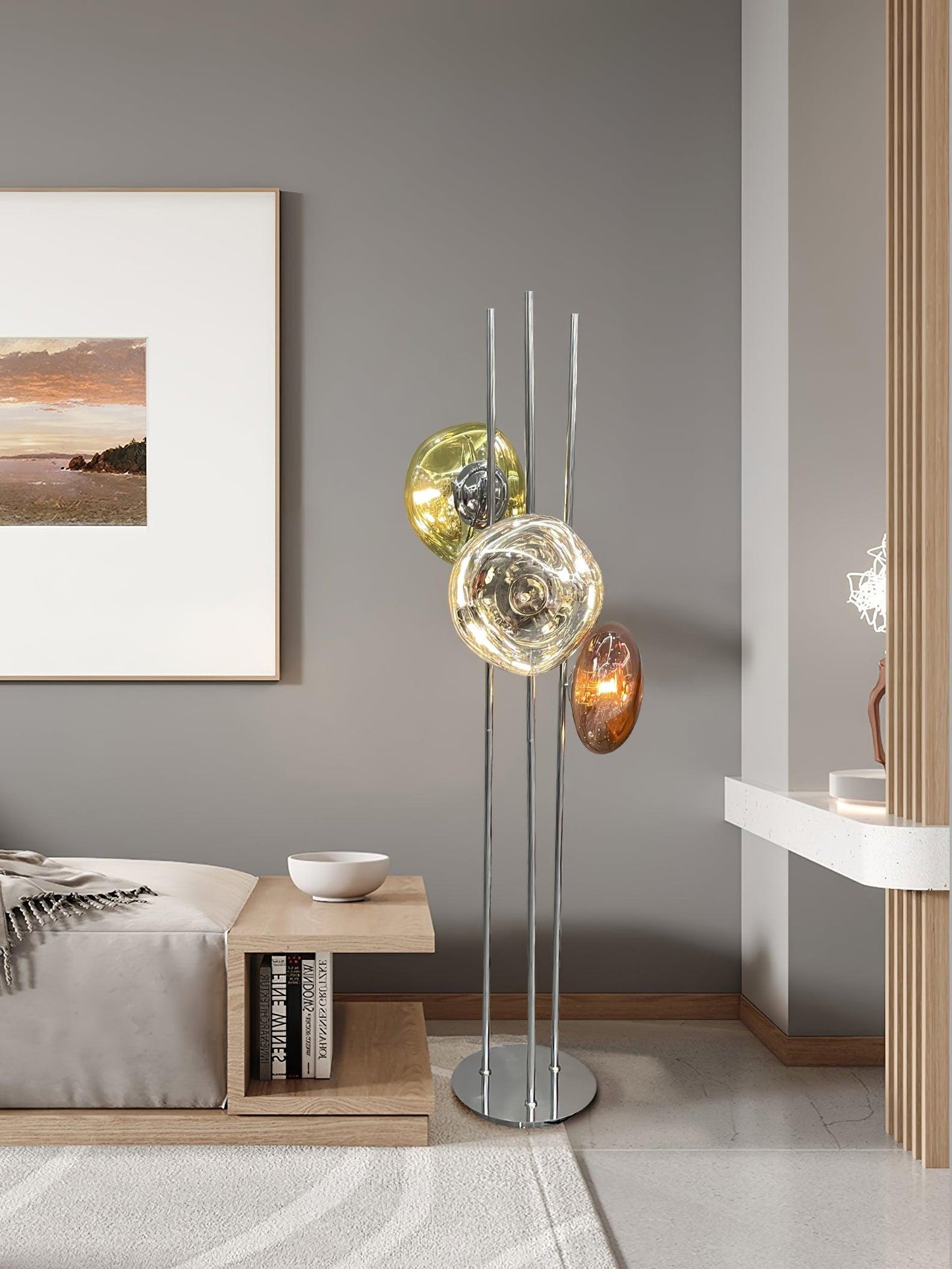 Three Lava Glass Floor Lamp with Chrome Frame and LED