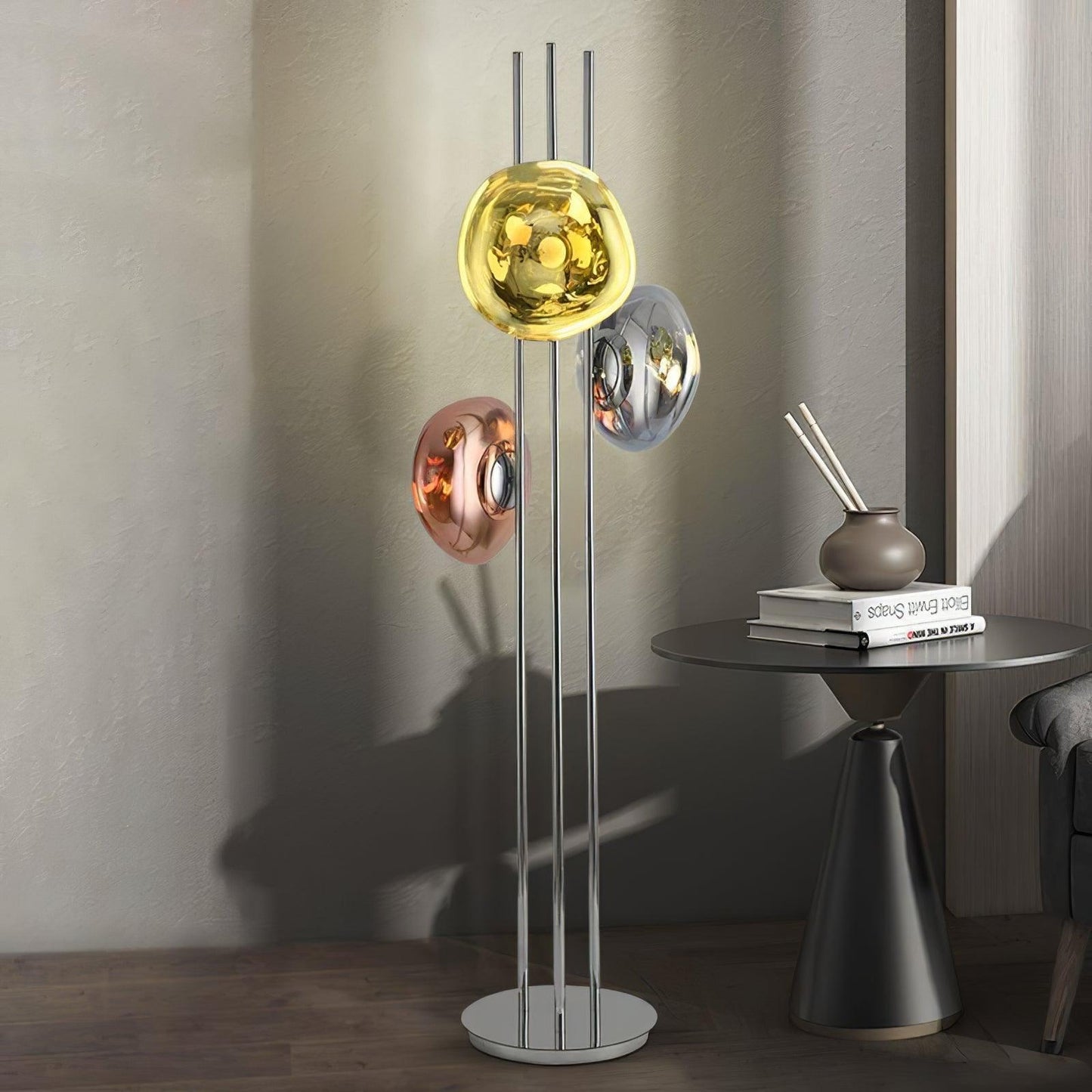 Three Lava Glass Floor Lamp with Chrome Frame and LED