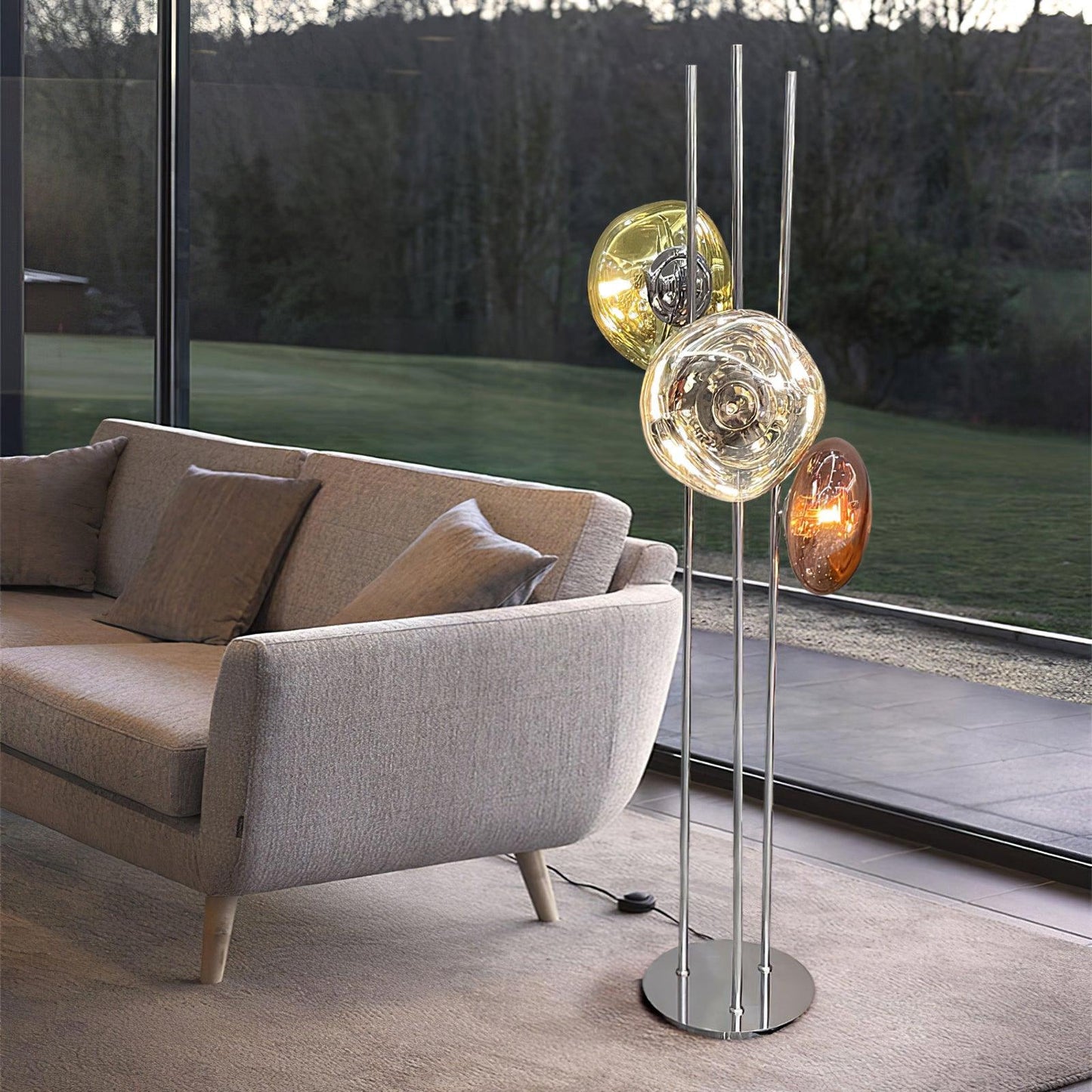 Three Lava Glass Floor Lamp with Chrome Frame and LED