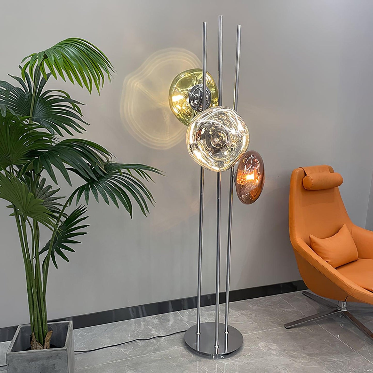 Three Lava Glass Floor Lamp with Chrome Frame and LED