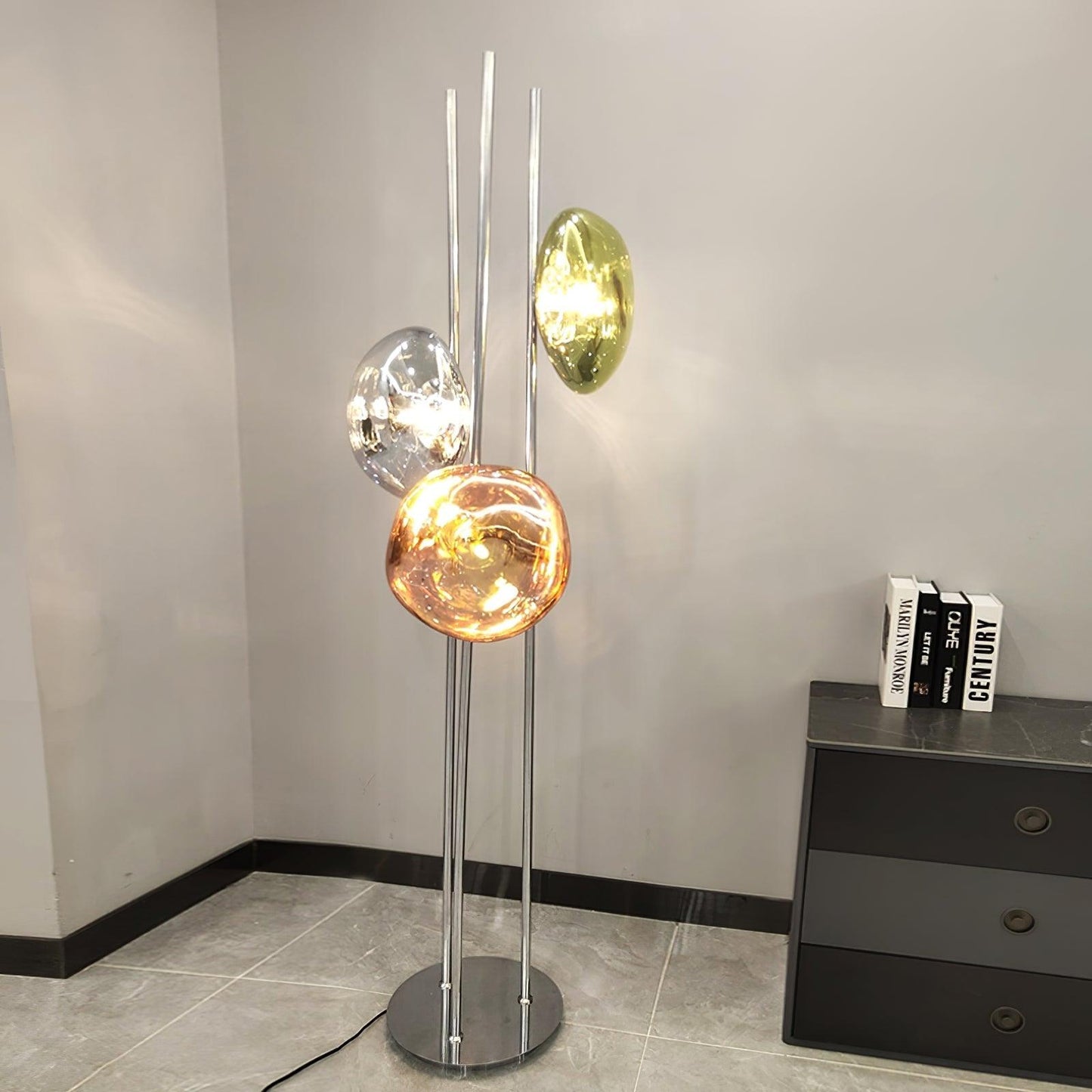 Three Lava Glass Floor Lamp with Chrome Frame and LED