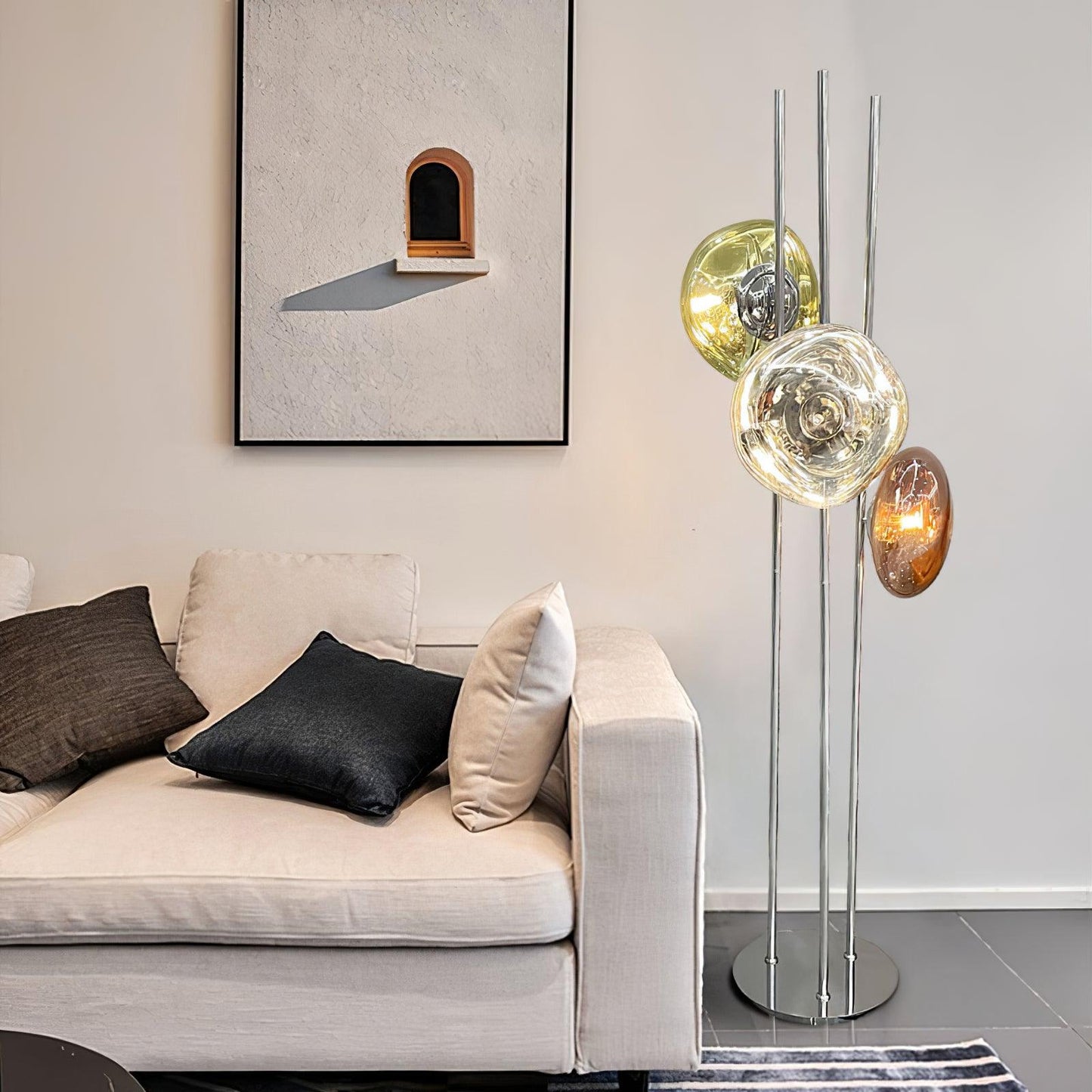 Three Lava Glass Floor Lamp with Chrome Frame and LED