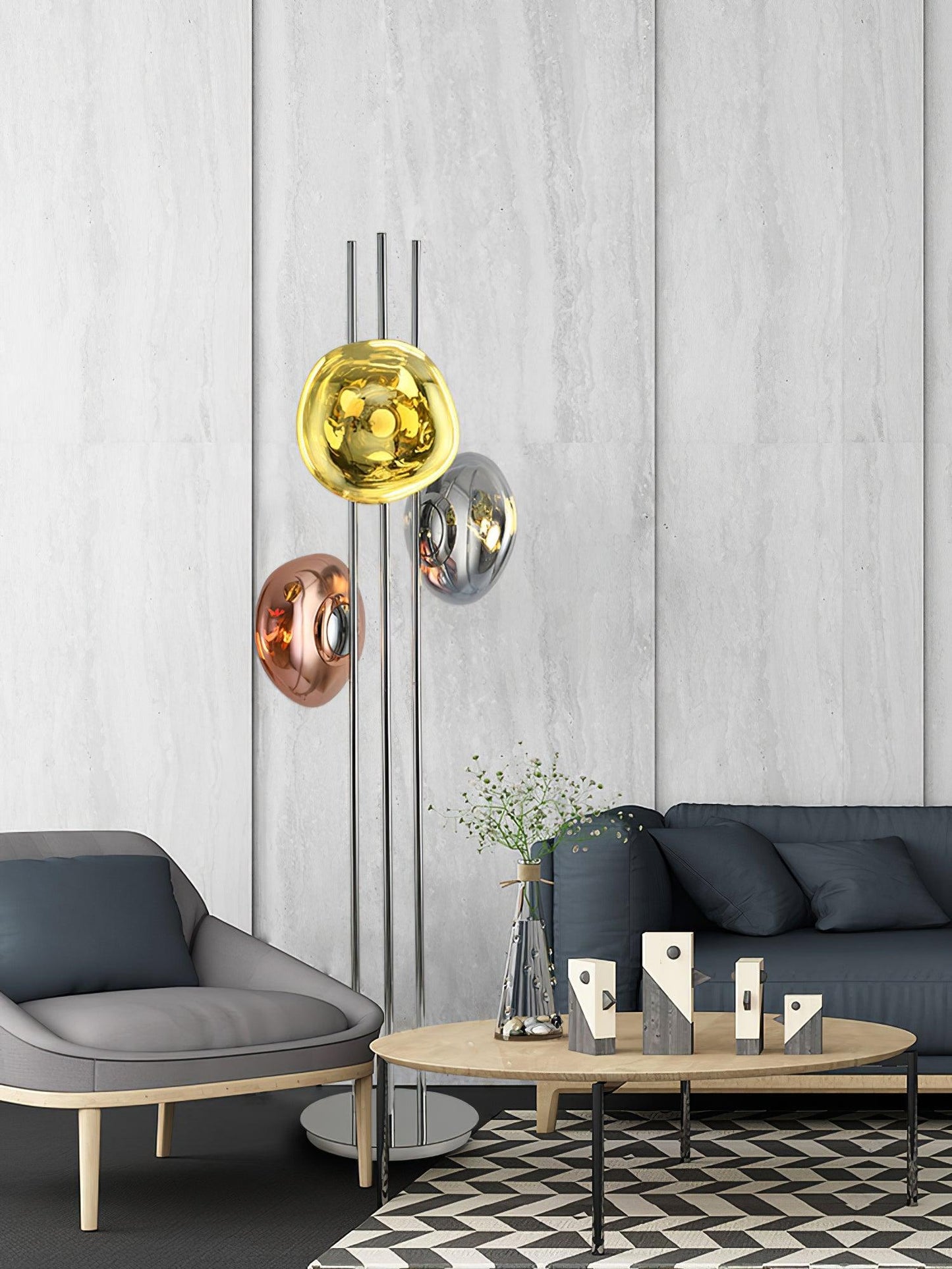 Three Lava Glass Floor Lamp with Chrome Frame and LED