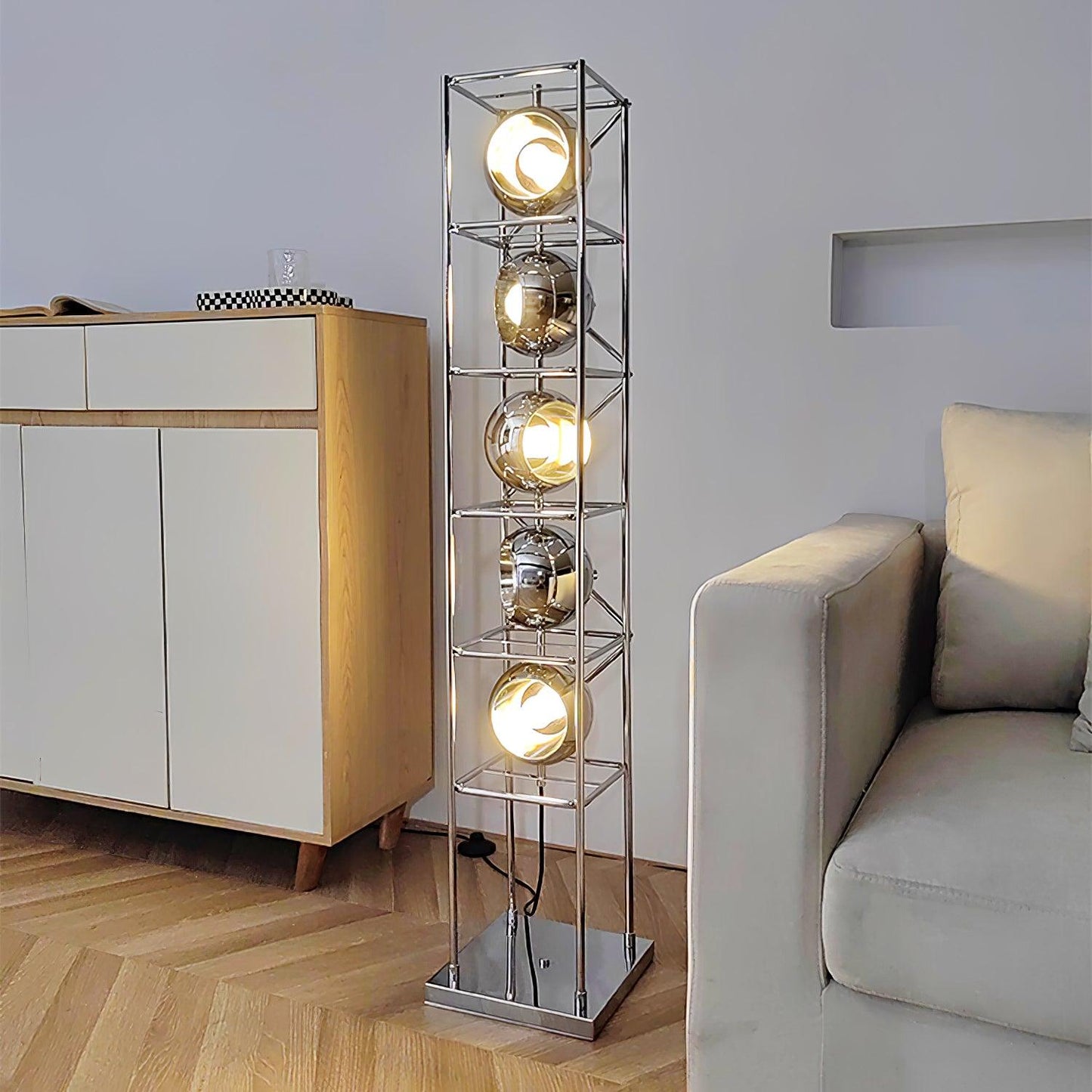 Tower of Spheres Floor Lamp with LED Light - Chrome