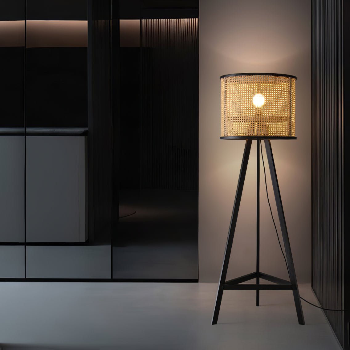 Tripod Wooden Rattan Floor Lamp for Cozy Indoor Lighting