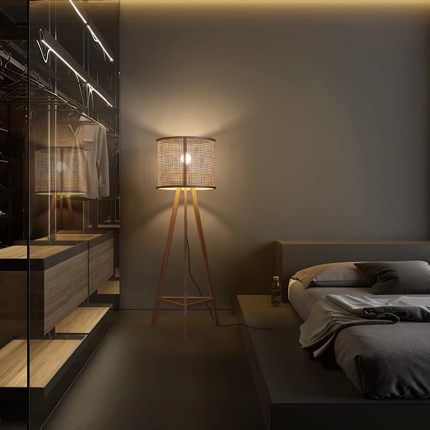 Tripod Wooden Rattan Floor Lamp for Cozy Indoor Lighting