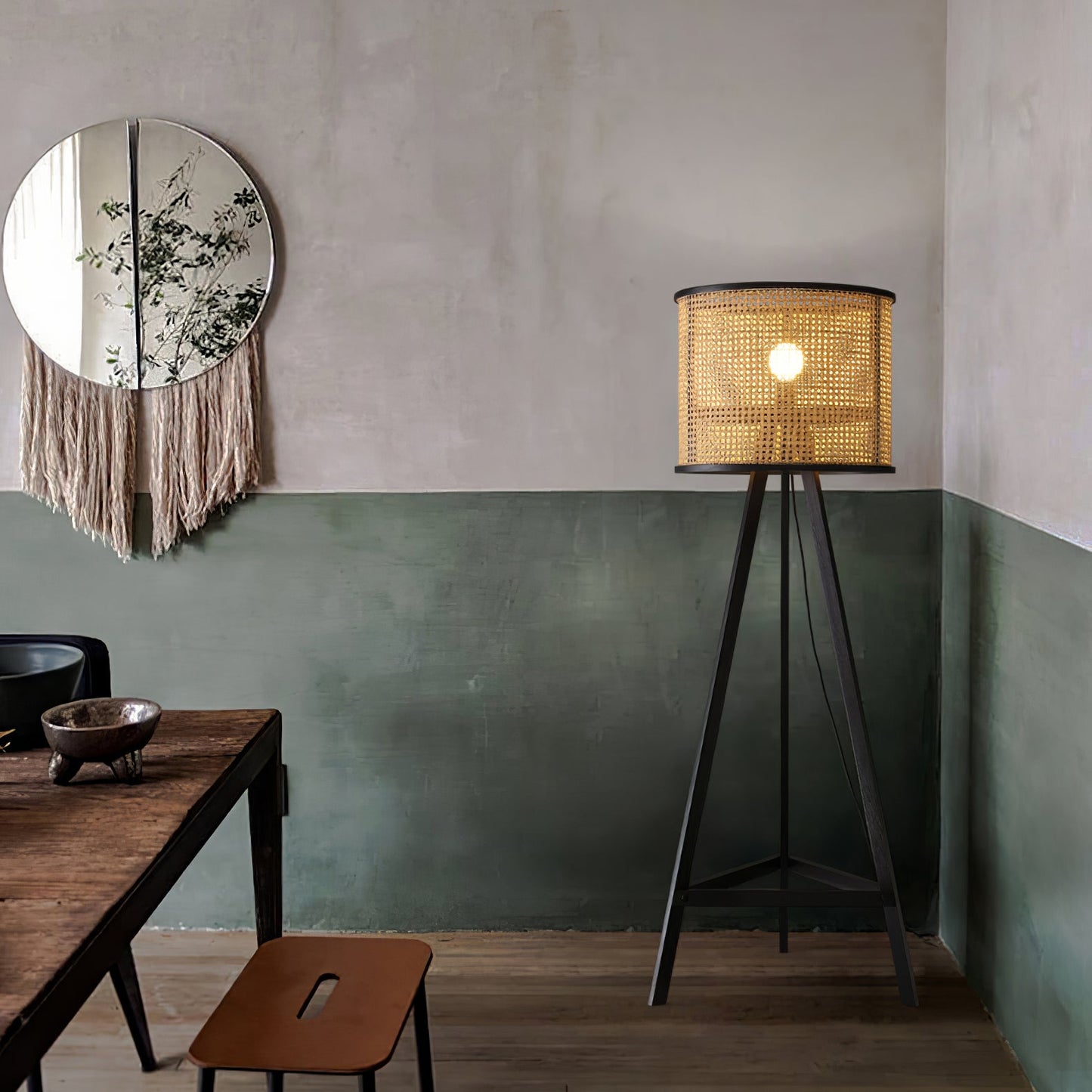 Tripod Wooden Rattan Floor Lamp for Cozy Indoor Lighting