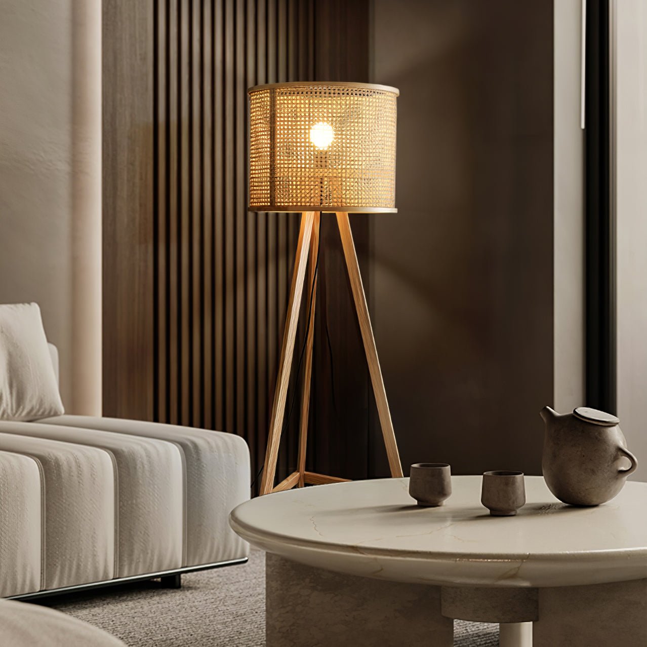 Tripod Wooden Rattan Floor Lamp for Cozy Indoor Lighting
