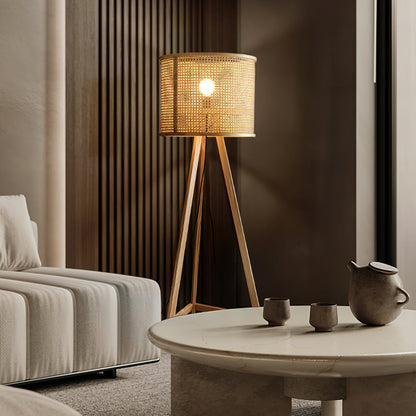 Tripod Wooden Rattan Floor Lamp for Cozy Indoor Lighting
