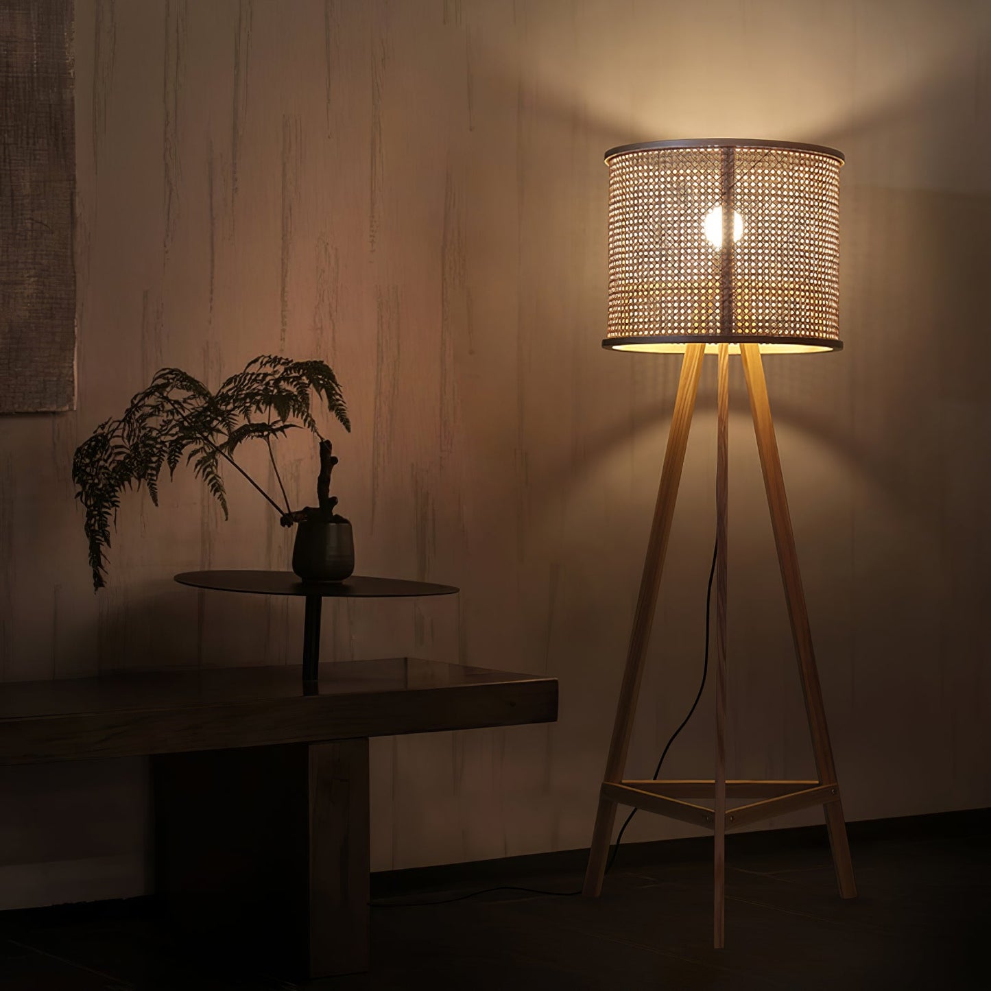 Tripod Wooden Rattan Floor Lamp for Cozy Indoor Lighting