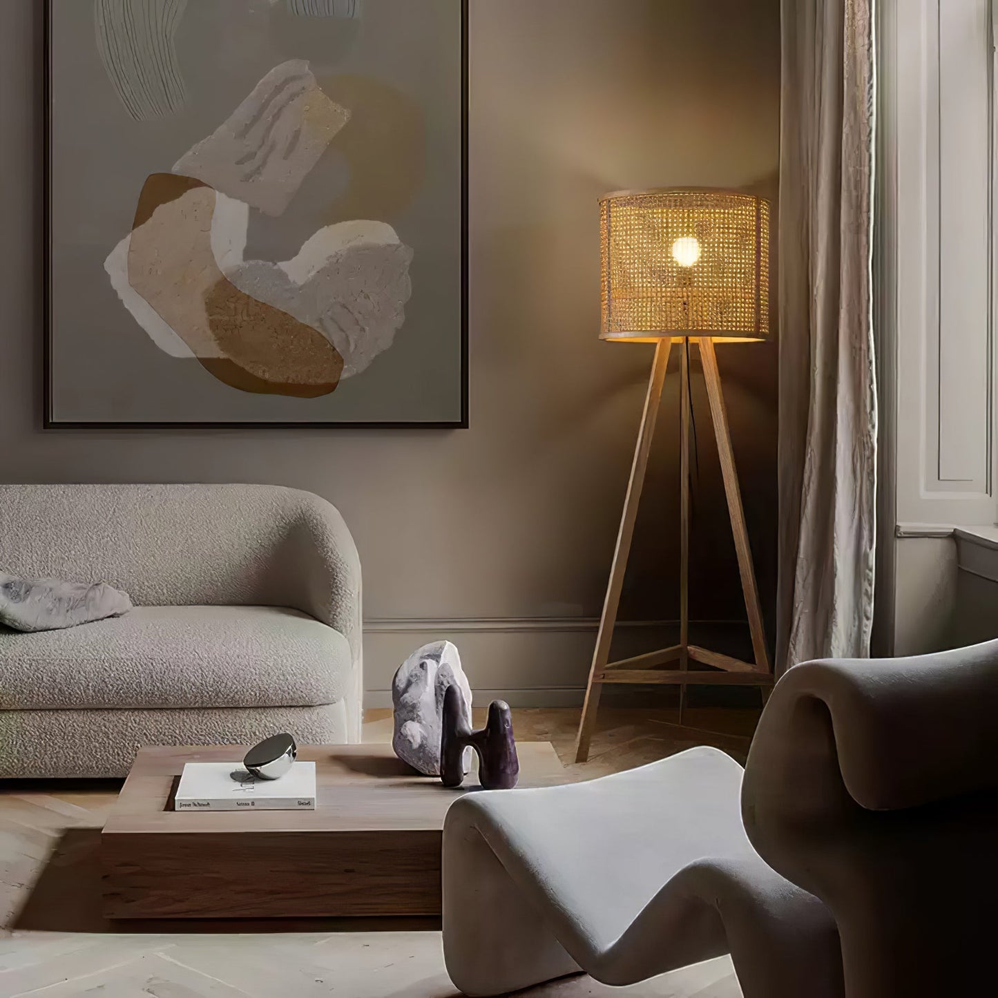 Tripod Wooden Rattan Floor Lamp for Cozy Indoor Lighting